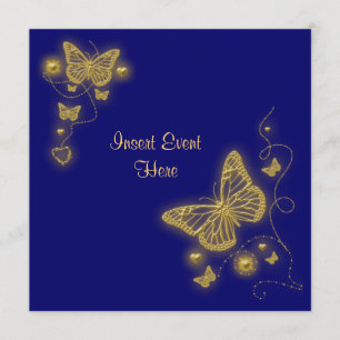 Elegant party gold butterfly heart blue royal invitation