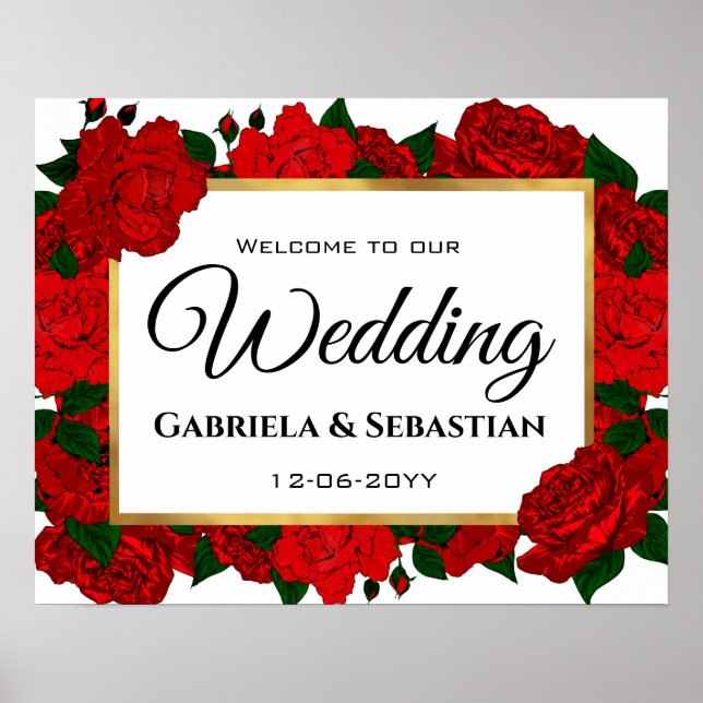 Elegant Passion Red Roses Welcome Wedding Poster (Front)
