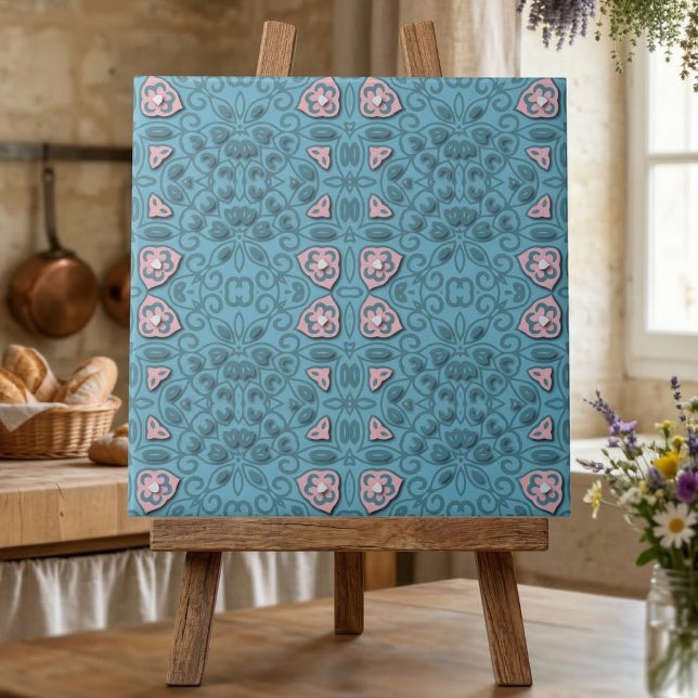 Elegant Pastel Blue and Pink Modern Damask Pattern Ceramic Tile (Creator Uploaded)
