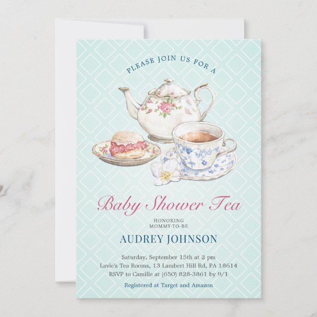 Elegant Pastel Blue Baby Shower Tea Floral Teapot Invitation (Front)
