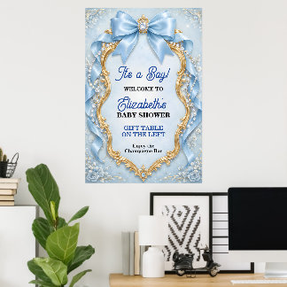 Elegant Pastel Blue Bow Boy Baby Shower Poster