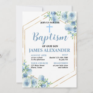 Elegant Pastel Blue Floral Baptism Invitation