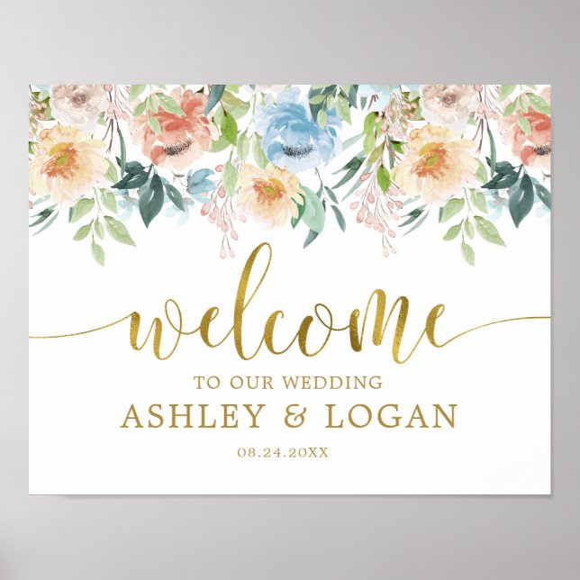 Elegant Pastel Blue Floral Wedding Welcome Poster (Front)