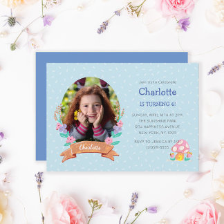 Elegant Pastel Blue Floral Wreath Photo Birthday  Invitation