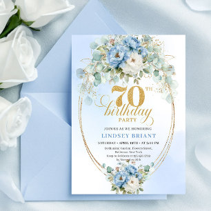 Elegant Pastel Blue Flowers 70th Birthday Invites