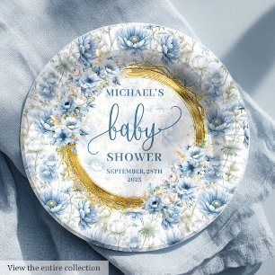 Elegant pastel blue flowers gold boy baby shower paper plate