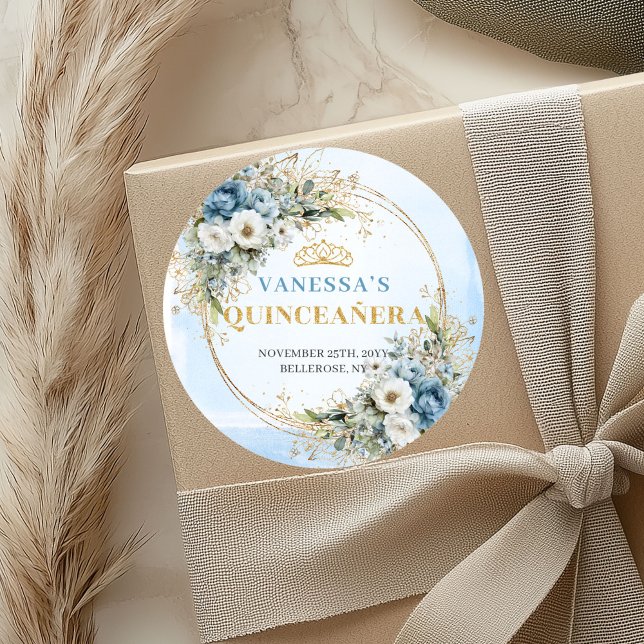 Elegant Pastel Blue Gold Eucalyptus Quinceañera   Classic Round Sticker (Elegant Pastel Blue Gold Eucalyptus Quinceañera Sticker

)