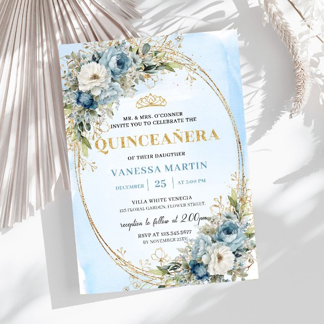 Elegant Pastel Blue Gold Eucalyptus Quinceañera Invitation (Elegant Pastel Blue Gold Eucalyptus Quinceañera)