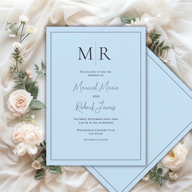 Elegant Pastel Blue  Monogram Modern Wedding Invitation (Creator Uploaded)