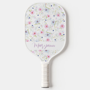 Elegant Pastel Blue Pink Flowers Personalised Pickleball Paddle