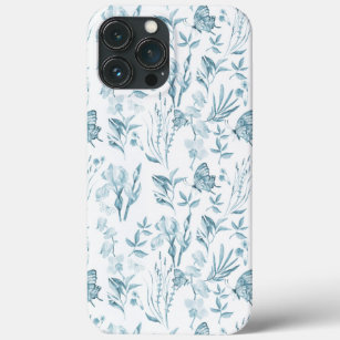 Elegant pastel blue vintage butterfly floral iPhone 13 pro max case