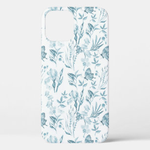 Elegant pastel blue vintage butterfly floral iPhone 12 pro case