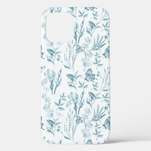 Elegant pastel blue vintage butterfly floral iPhone 12 case