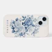 Elegant Pastel Blue Watercolor Roses Personalised iPhone 15 Case (Back Horizontal)