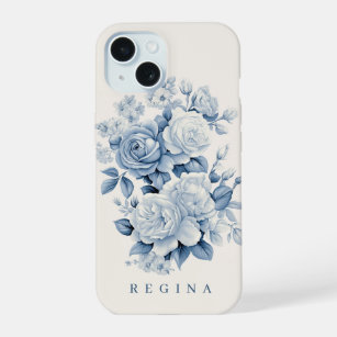 Elegant Pastel Blue Watercolor Roses Personalised iPhone 15 Case