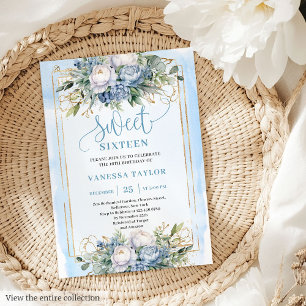 Elegant Pastel Blue White Gold Floral Sweet 16  Invitation