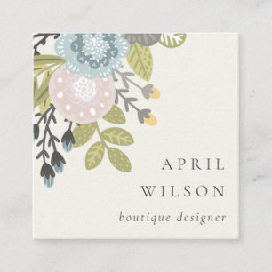 Elegant Pastel Boho Blush Blue Green Leafy Floral Square Business Card