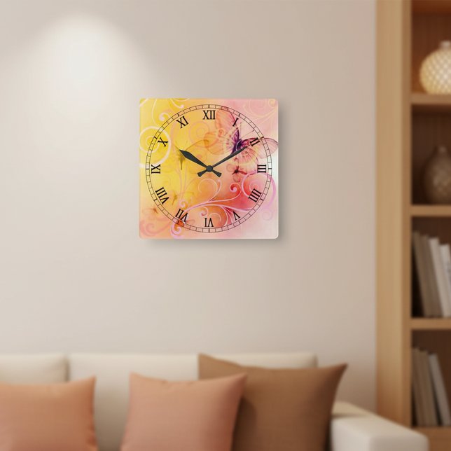 Elegant Pastel Butterflies and Swirls Square Wall Clock (Creator Uploaded)