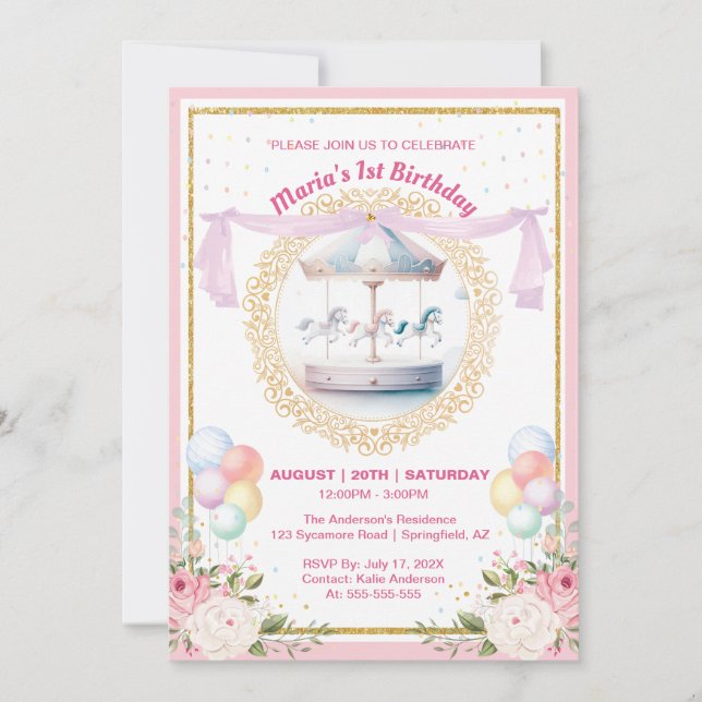 Elegant Pastel Carousel First Birthday Invitation (Front)