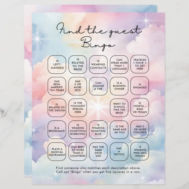 Elegant Pastel Clouds Find The Guest Bingo  (Front/Back)