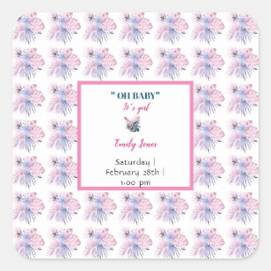 Elegant pastel colour pink tropical oh baby shower square sticker