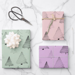 Elegant Pastel Colours Hand Drawn Christmas Trees Wrapping Paper Sheet