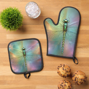 Elegant Pastel Dragonfly Fractal Art, Oven Mitt & Pot Holder Set