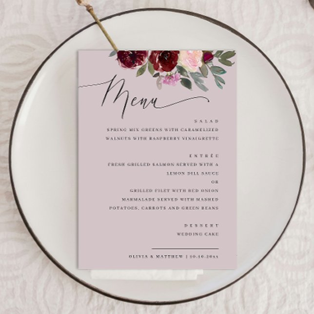 Elegant pastel dusty pink rose floral wedding menu (Creator Uploaded)