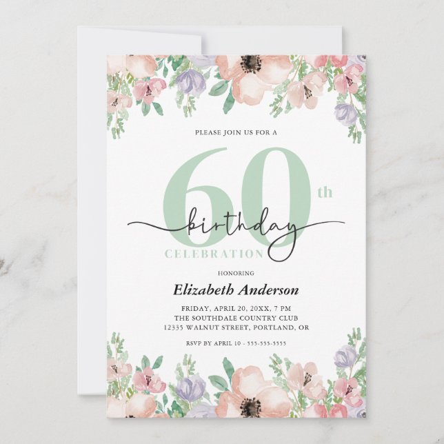 Elegant Pastel Floral 60th Birthday Party Invitation (Front)
