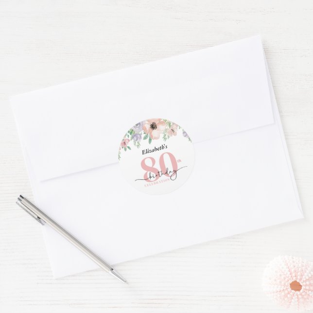 Elegant Pastel Floral 80th Birthday Party Classic Round Sticker (Envelope)