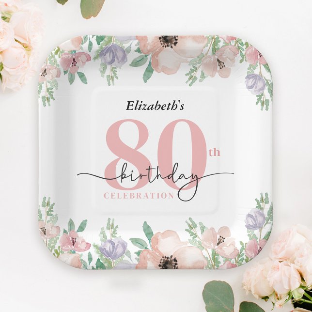 Elegant Pastel Floral 80th Birthday Party Paper Plate (Creator Uploaded)