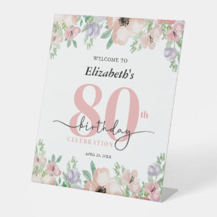 Elegant Pastel Floral 80th Birthday Party Welcome Pedestal Sign