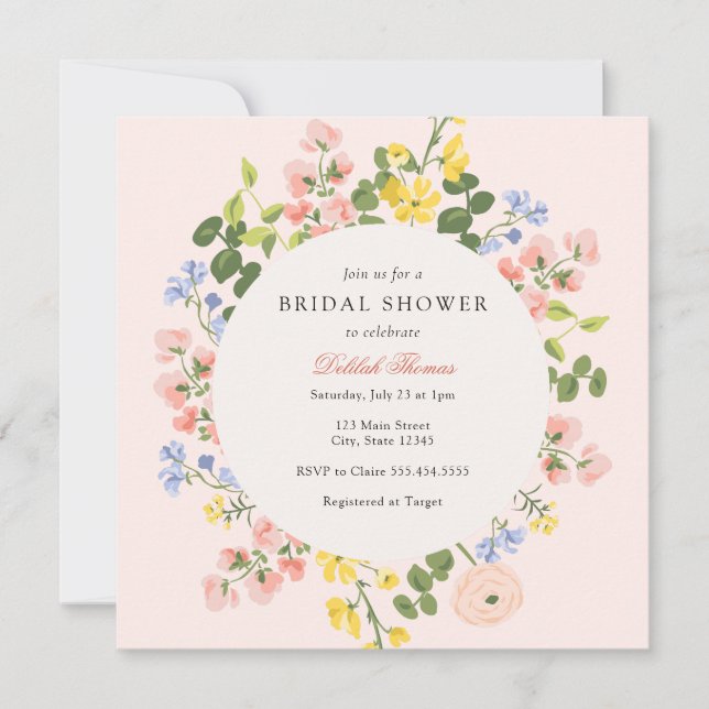 Elegant Pastel Floral Bridal Shower Invitation (Front)