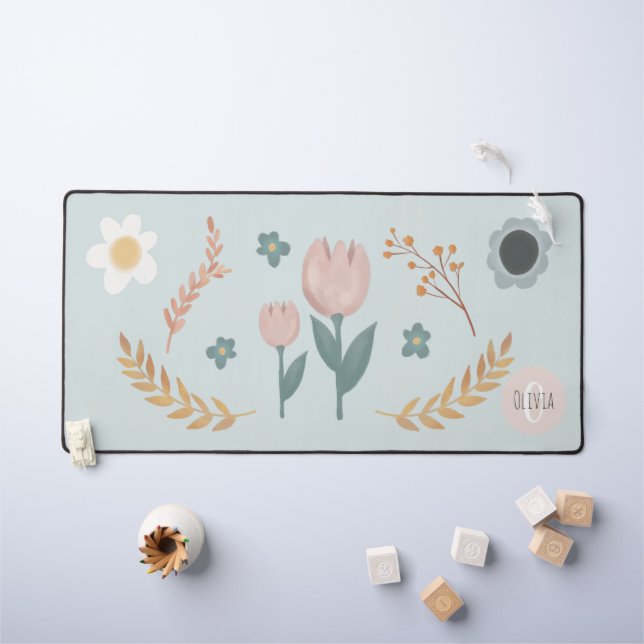 Elegant Pastel Floral Modern Monogram  Desk Mat (Kids Table)