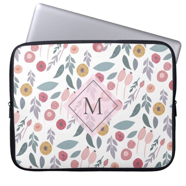 Elegant Pastel Floral Pattern Monogram Laptop Sleeve (Front)