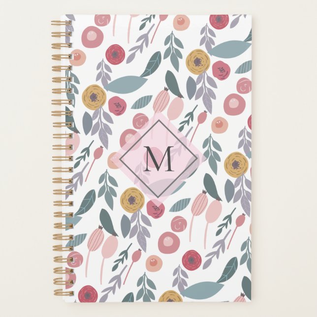 Elegant Pastel Floral Pattern Monogram Planner (Front)