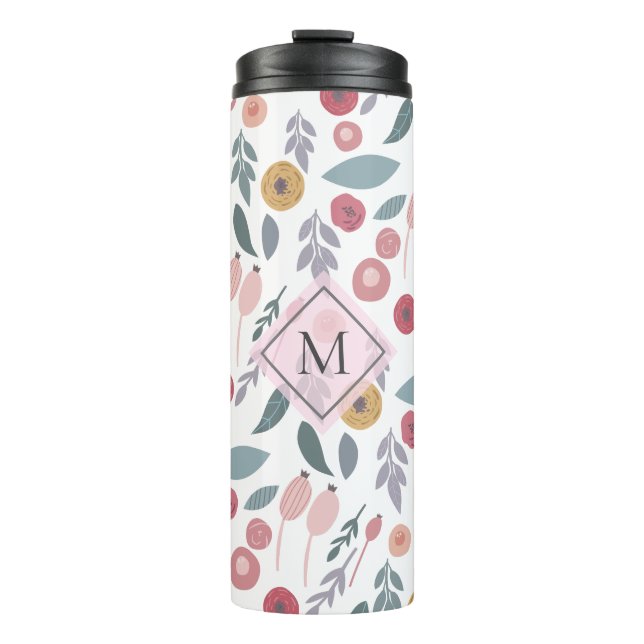 Elegant Pastel Floral Pattern Monogram Thermal Tumbler (Front)