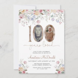 Elegant Pastel Floral Photo 100th Birthday Invitation