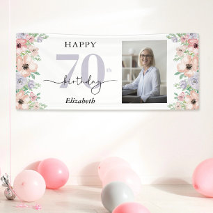 Elegant Pastel Floral Photo 70th Birthday Party Banner