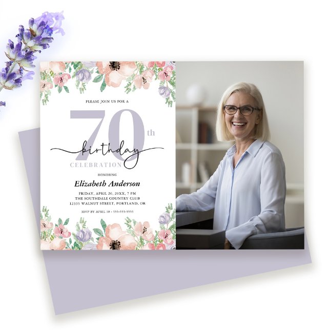 Elegant Pastel Floral Photo 70th Birthday Party Invitation (Creator Uploaded)