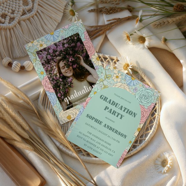 Elegant Pastel Floral Photo Graduation Party Invitation (Creator Uploaded)