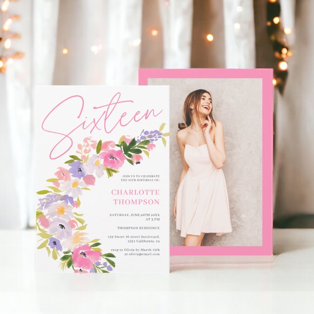 Elegant pastel floral photo script Sweet 16 Invitation (Elegant pastel floral photo script Sweet 16 Invitation)