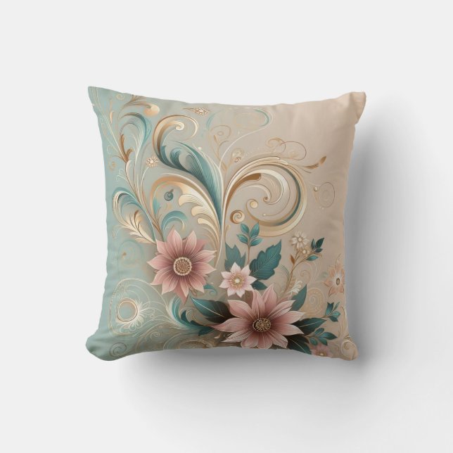 Elegant Pastel Floral Swirl: Golden Art Nouveau Cushion (Front)