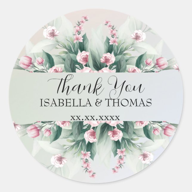Elegant pastel floral Thank You Wedding party Classic Round Sticker (Front)