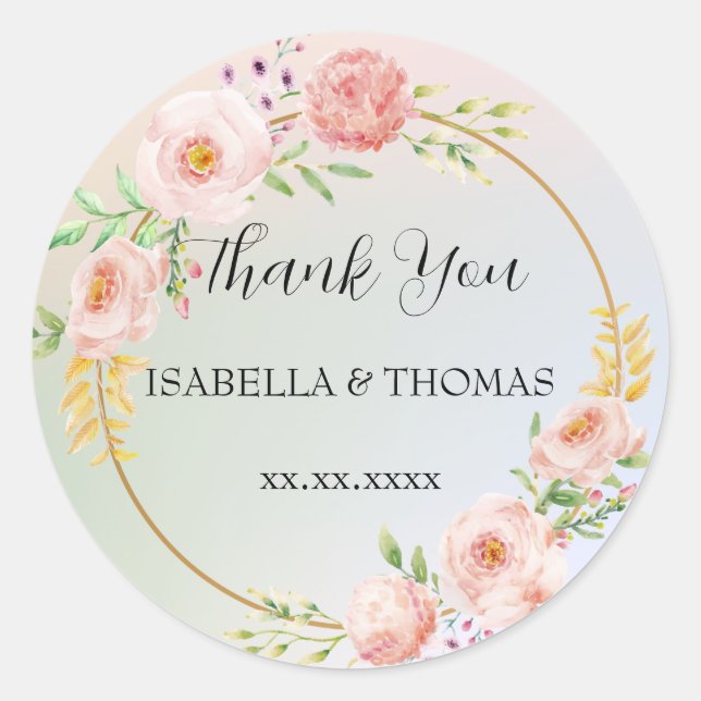 Elegant pastel floral Thank You Wedding party Classic Round Sticker (Front)
