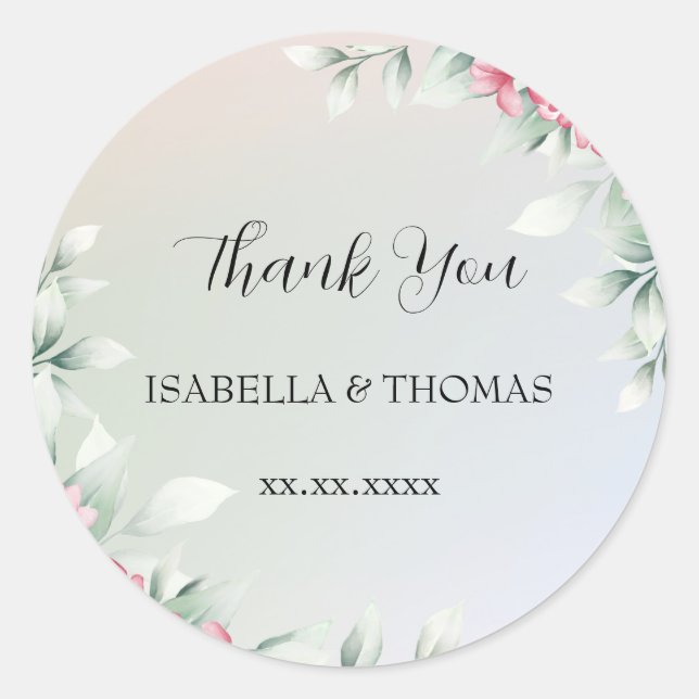 Elegant pastel floral Thank You Wedding party Classic Round Sticker (Front)