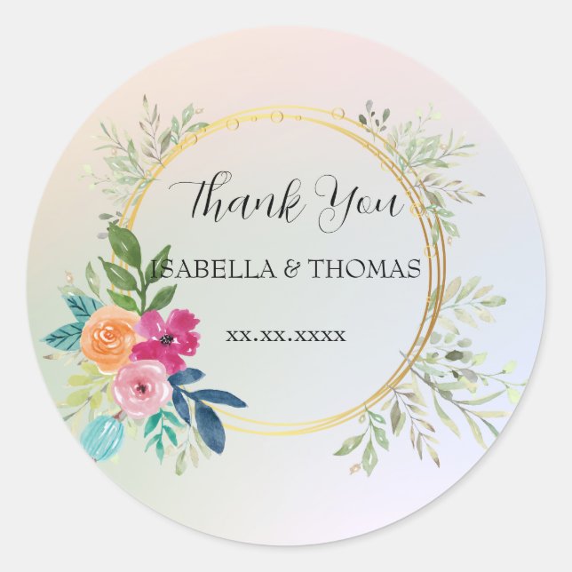 Elegant pastel floral Thank You Wedding party Classic Round Sticker (Front)