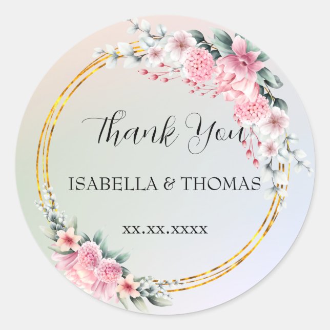 Elegant pastel floral Thank You Wedding party Classic Round Sticker (Front)