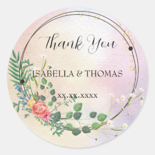 Elegant pastel floral Thank You Wedding party Classic Round Sticker