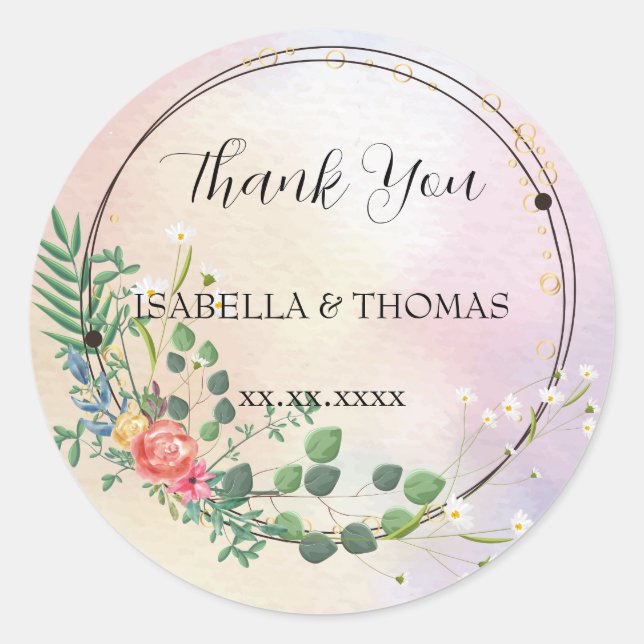 Elegant pastel floral Thank You Wedding party Classic Round Sticker (Front)